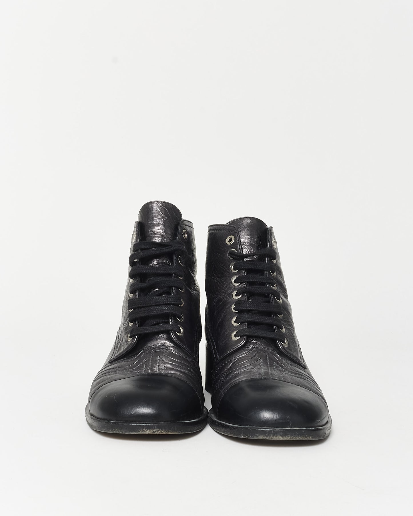 Chanel Gunmetal 
Black Leather Logo Mini Combat Boots - 41C