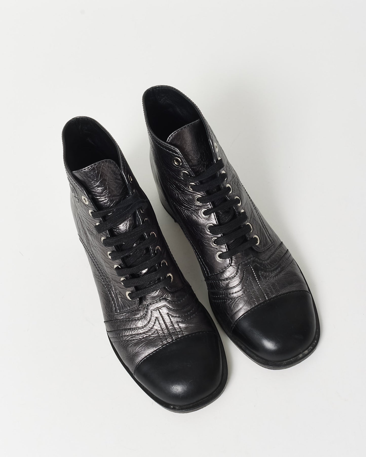 Chanel Gunmetal 
Black Leather Logo Mini Combat Boots - 41C