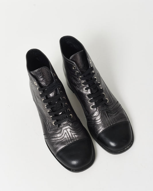 Chanel Gunmetal 
Black Leather Logo Mini Combat Boots - 41C