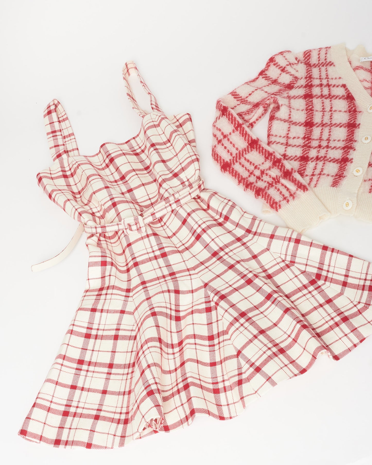 Dior White 
Pink Plaid Cardigan 
Dress Set - US 6