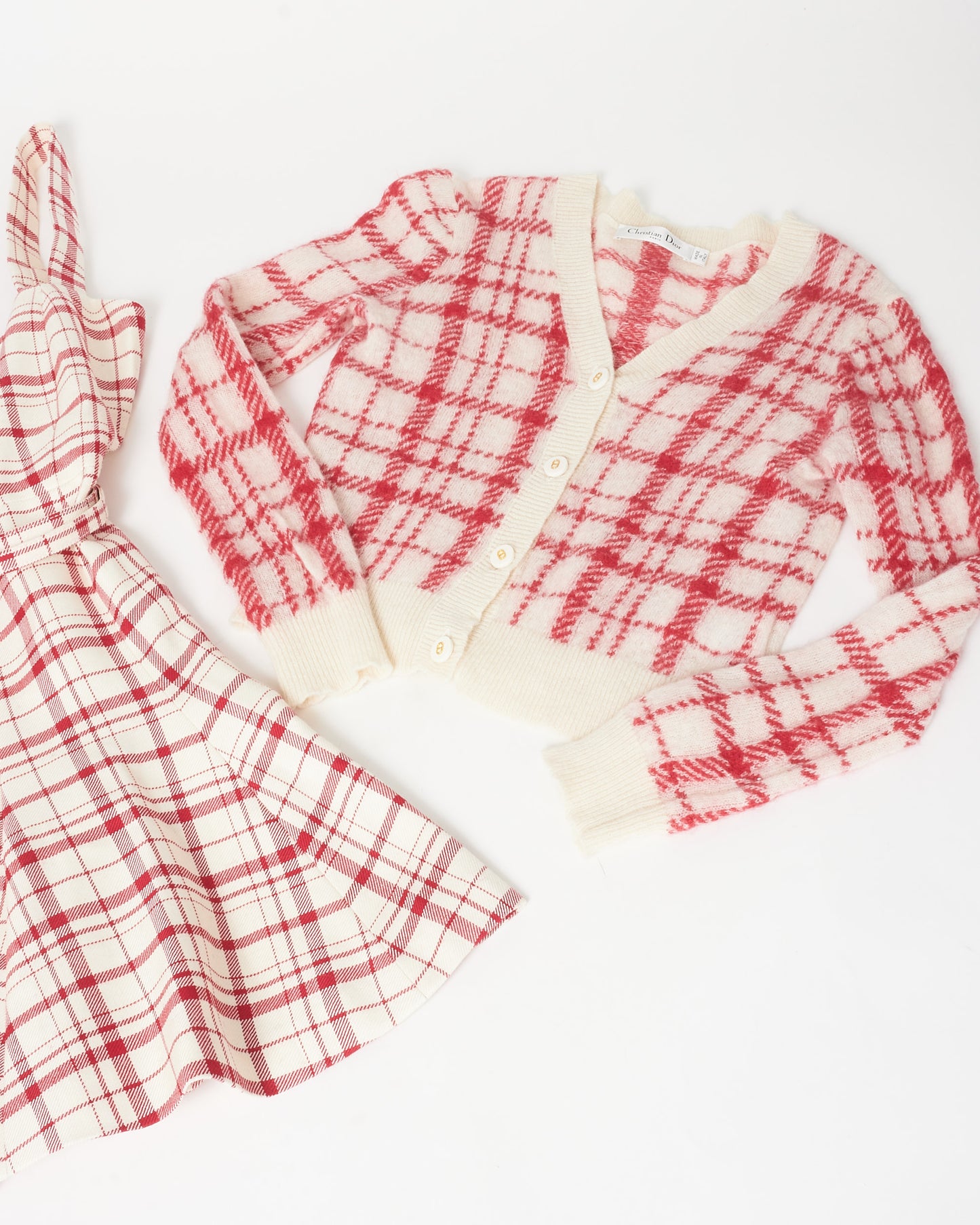 Dior White 
Pink Plaid Cardigan 
Dress Set - US 6