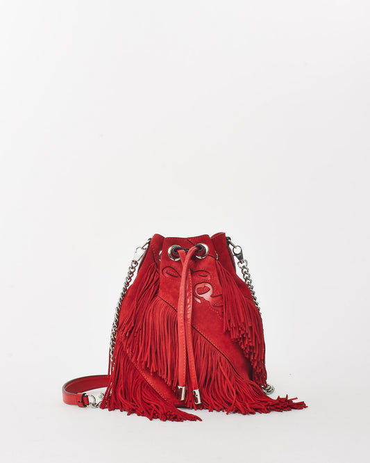 Christian Louboutin Red Suede Marie Jane Fringe Bucket Bag