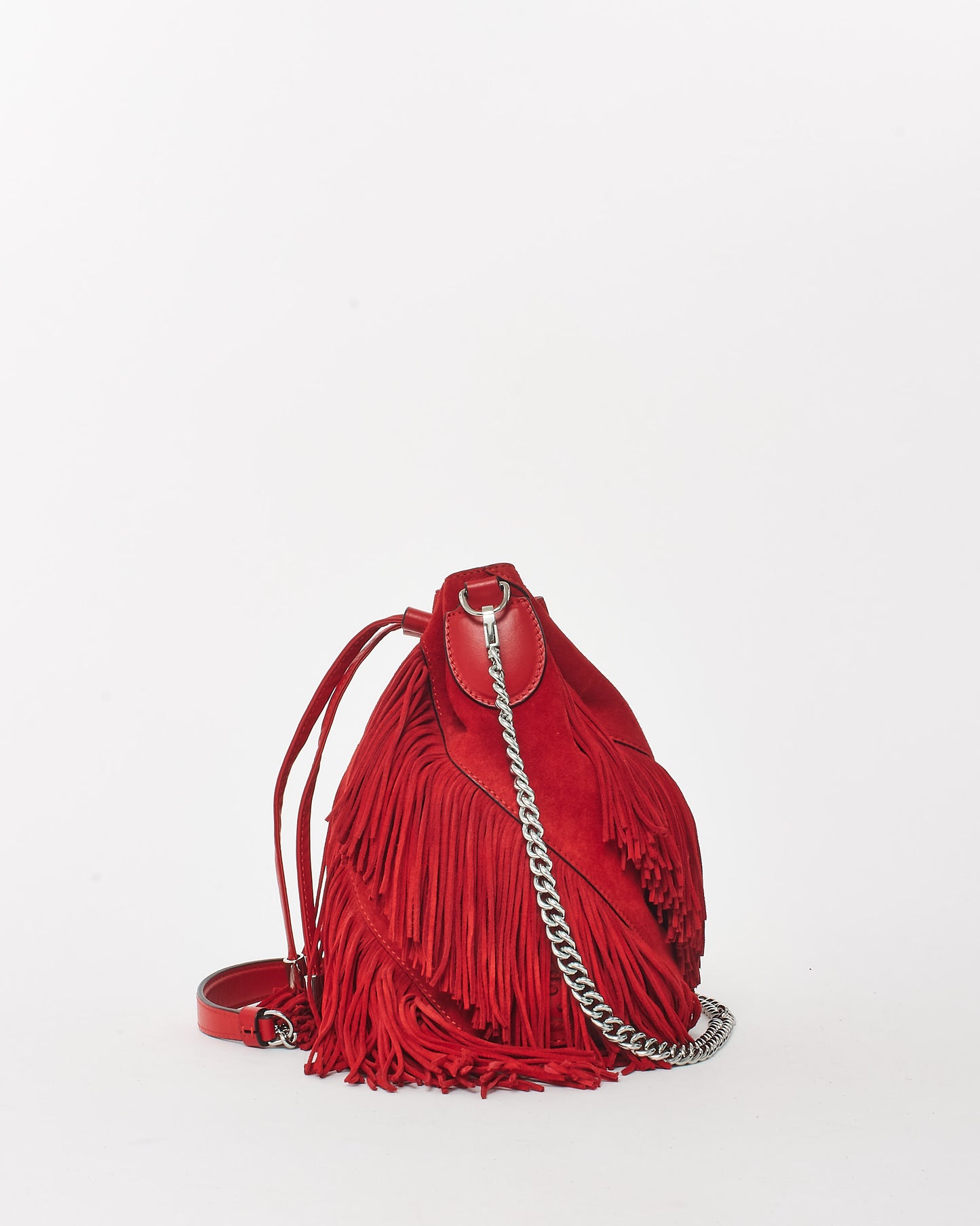 Christian Louboutin Red Suede Marie Jane Fringe Bucket Bag