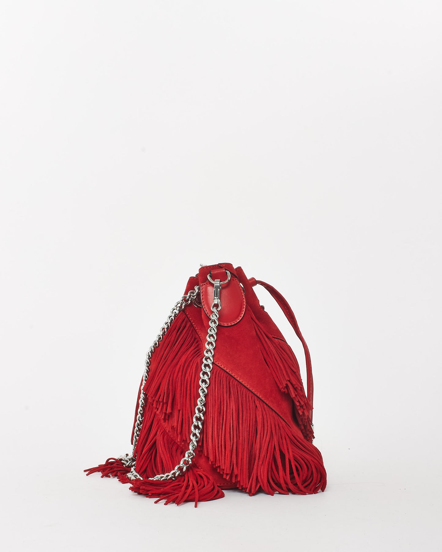 Christian Louboutin Red Suede Marie Jane Fringe Bucket Bag