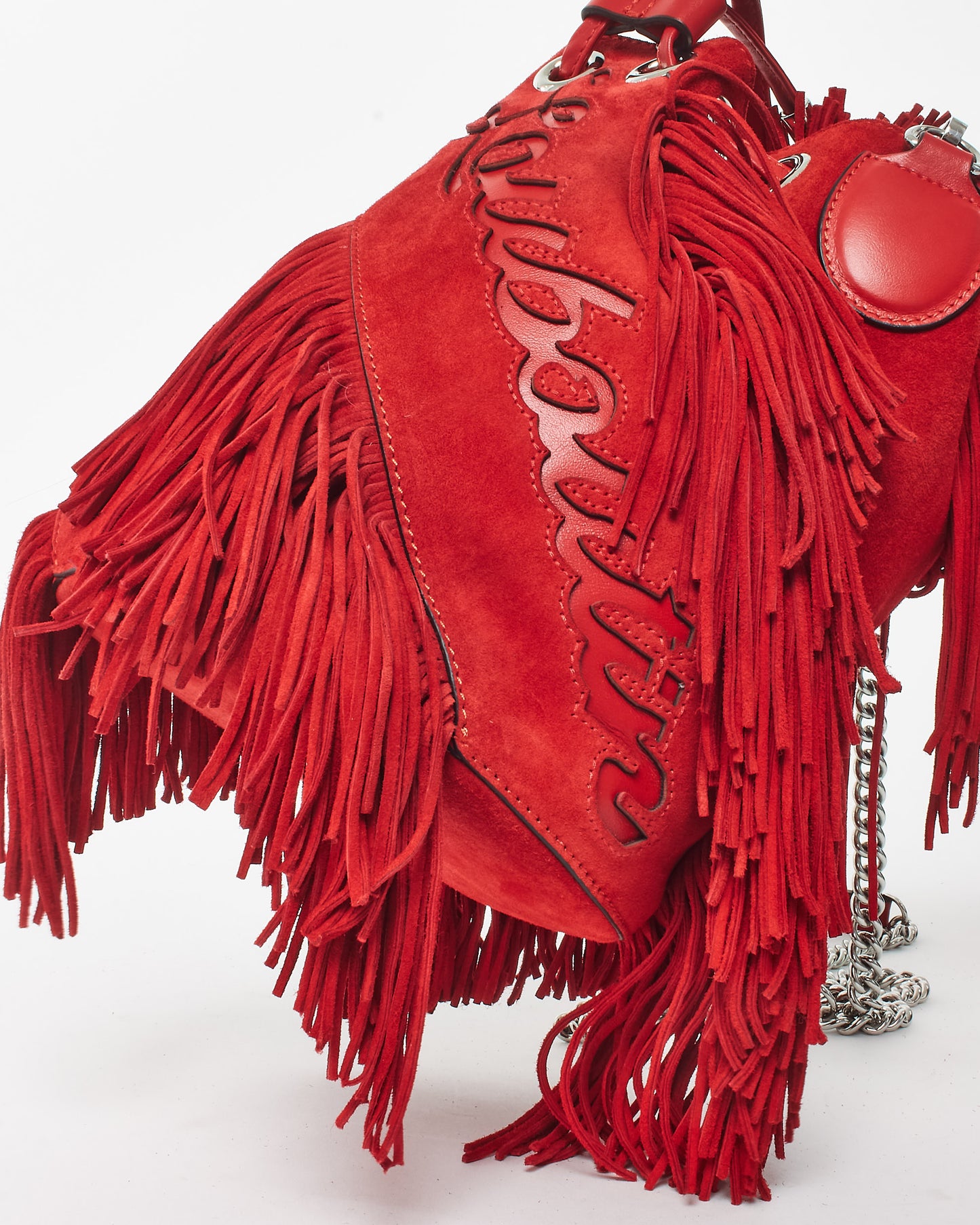 Christian Louboutin Red Suede Marie Jane Fringe Bucket Bag