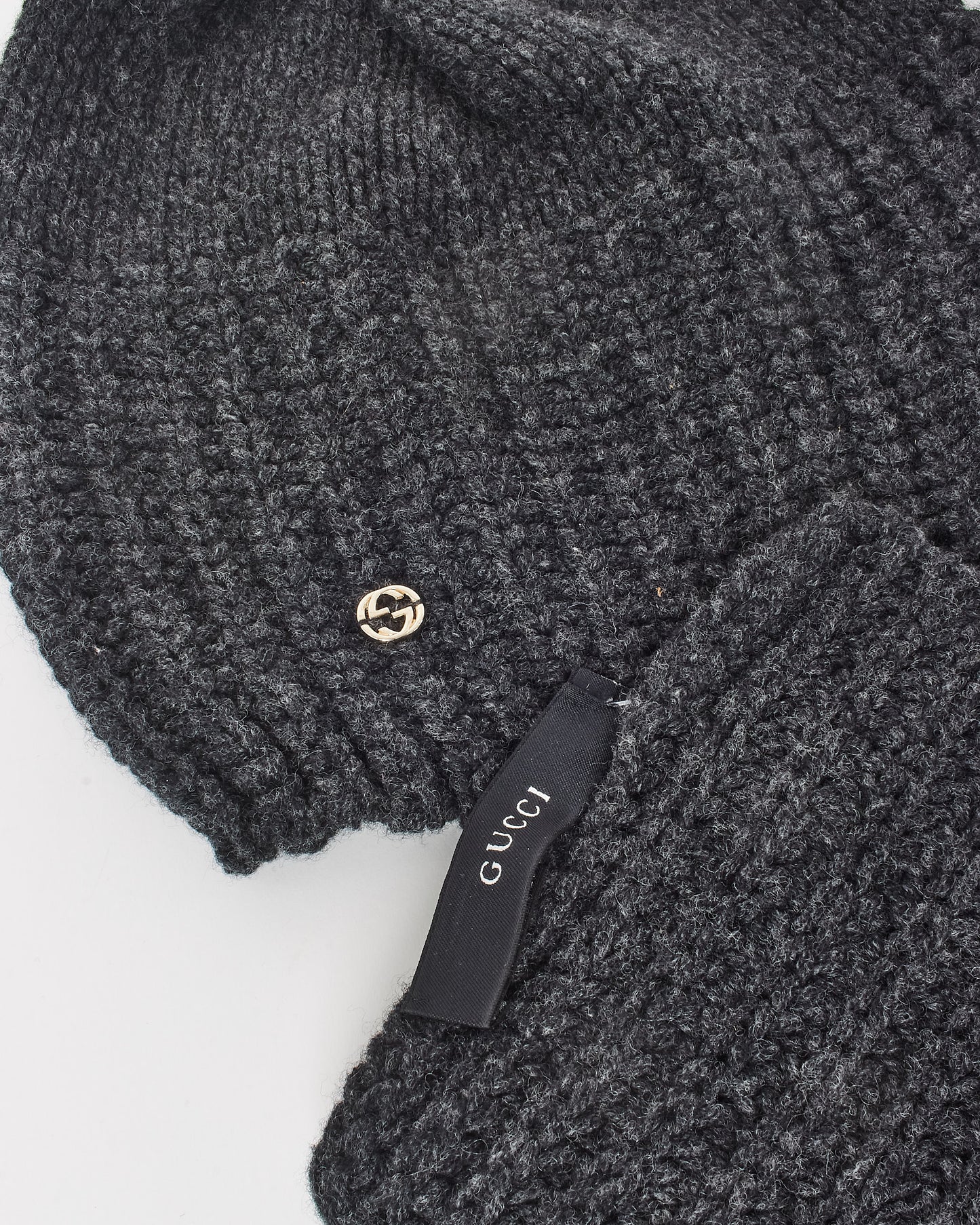 Gucci Charcoal Wool Knit Interlocking G Logo Hooded Scarf