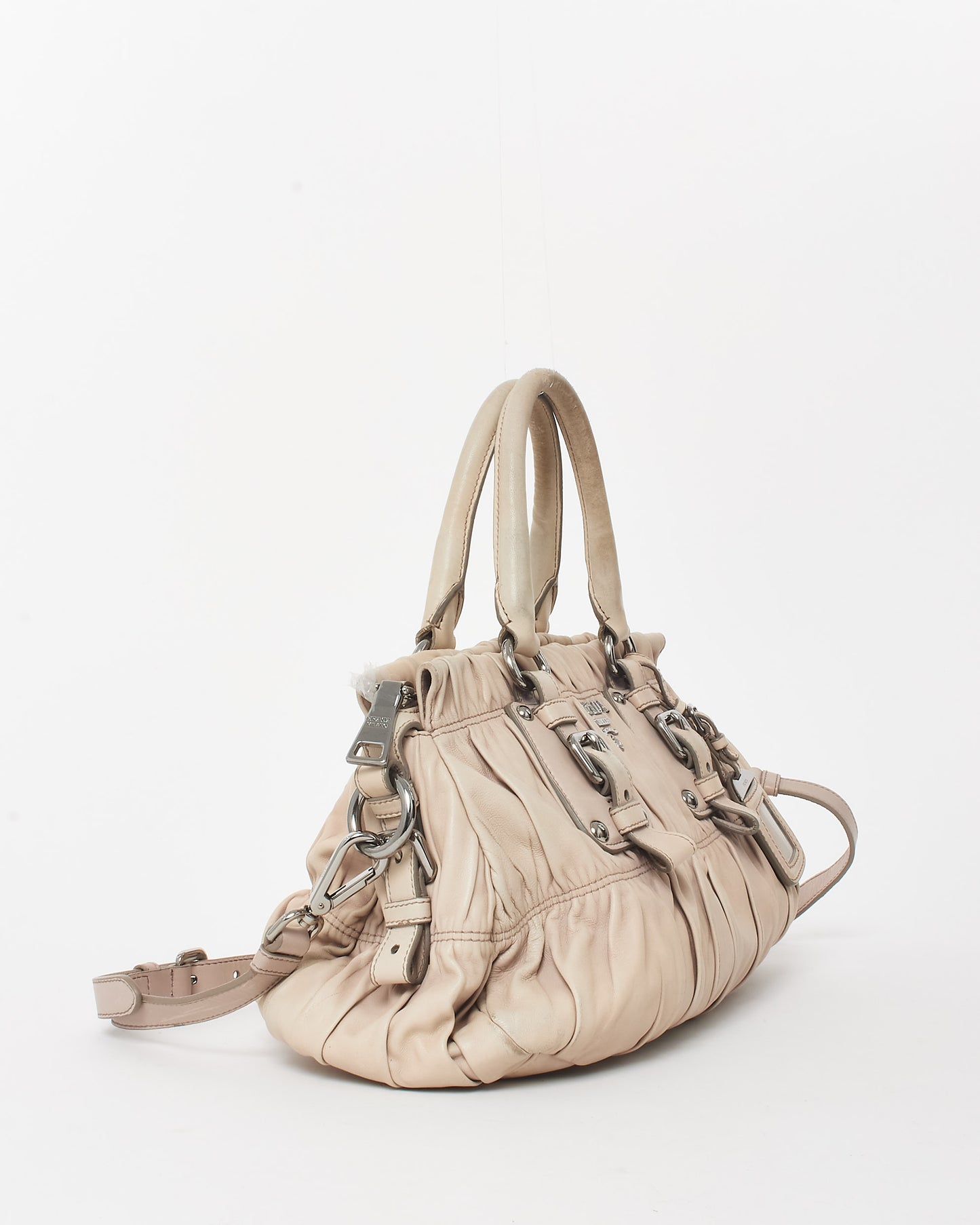 Prada Ivory Ruched Ruffle Gaufre Leather Top Handle Bags