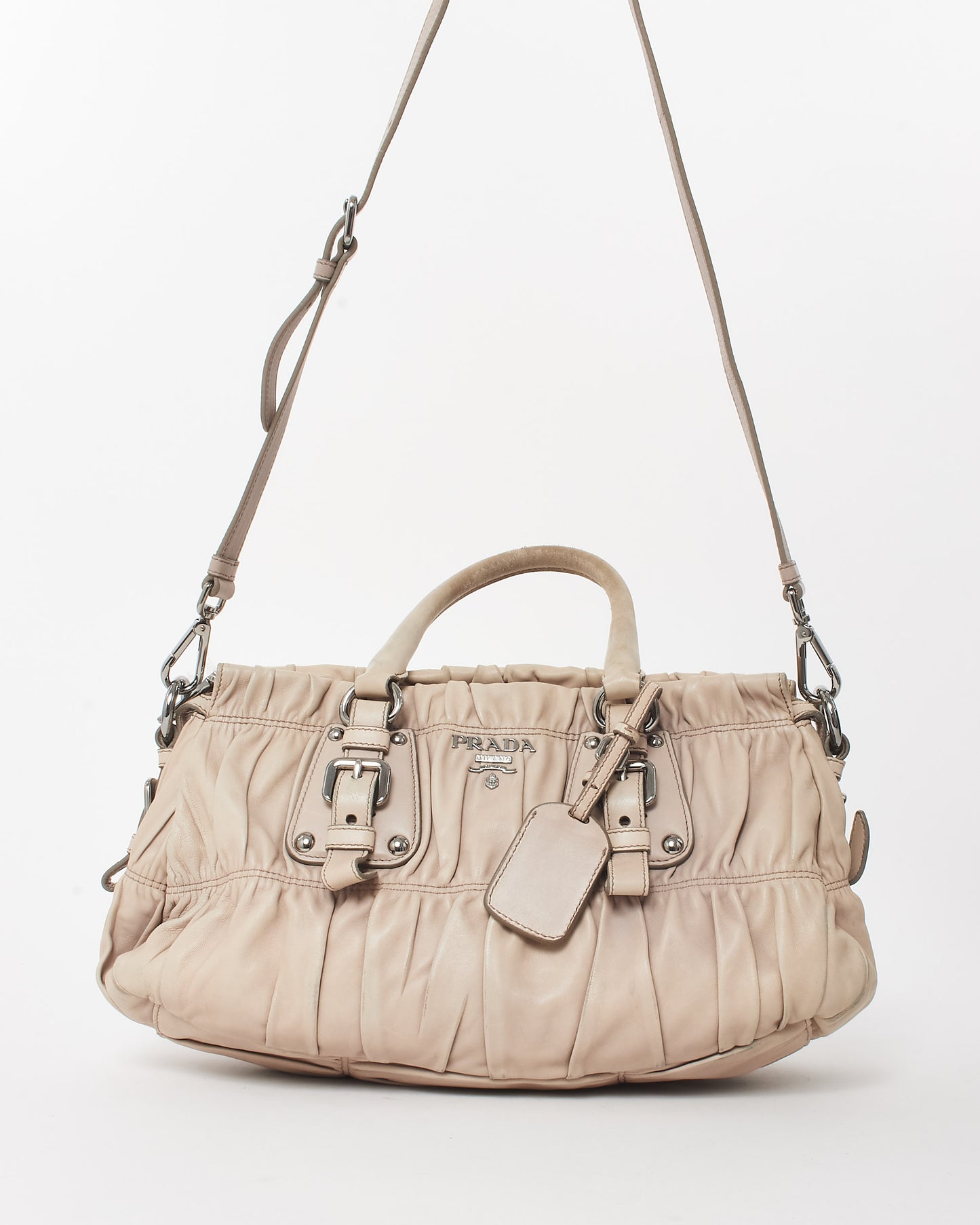 Prada Ivory Ruched Ruffle Gaufre Leather Top Handle Bags