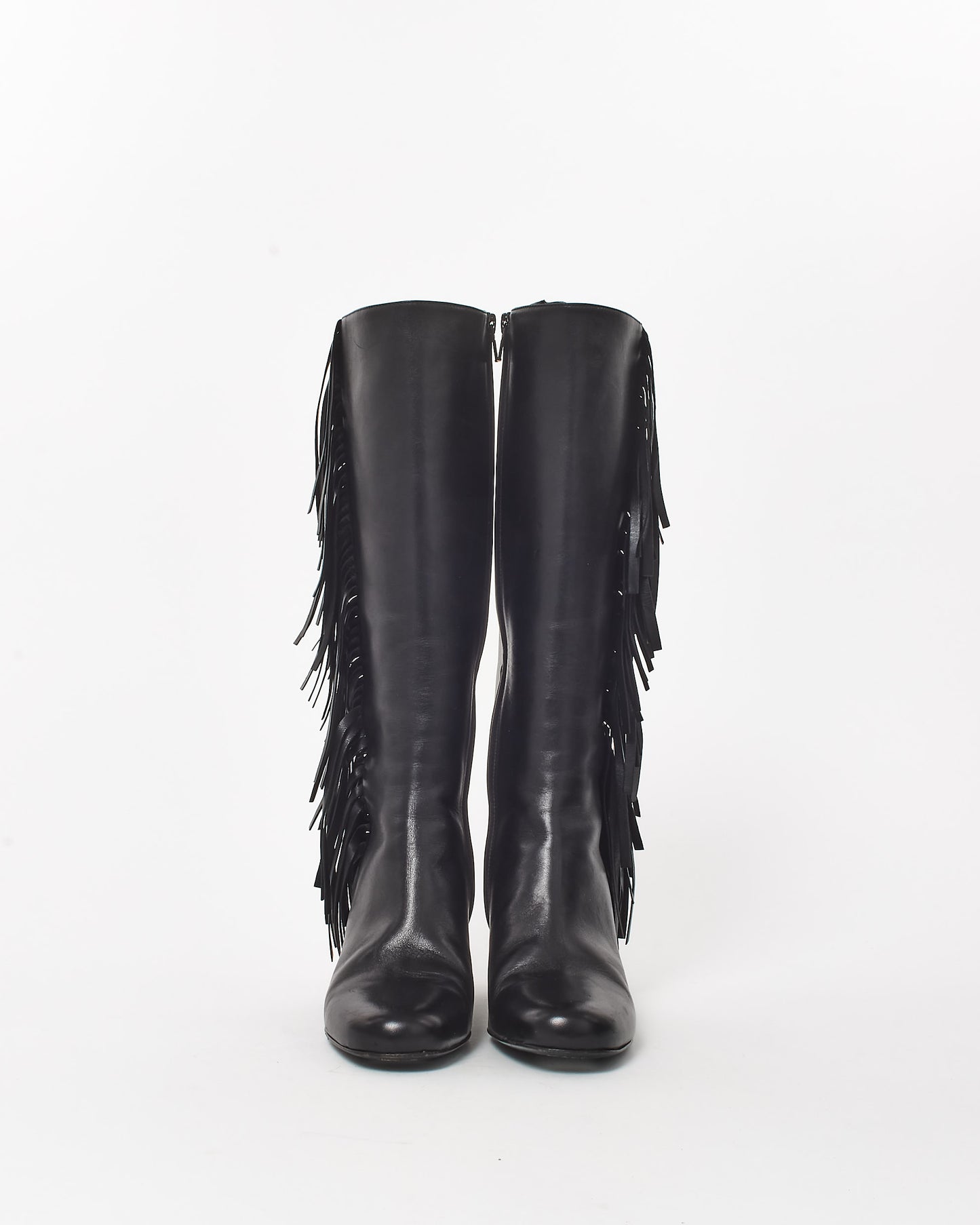 Saint Laurent Black Leather Fringe Knee Boots - 37.5