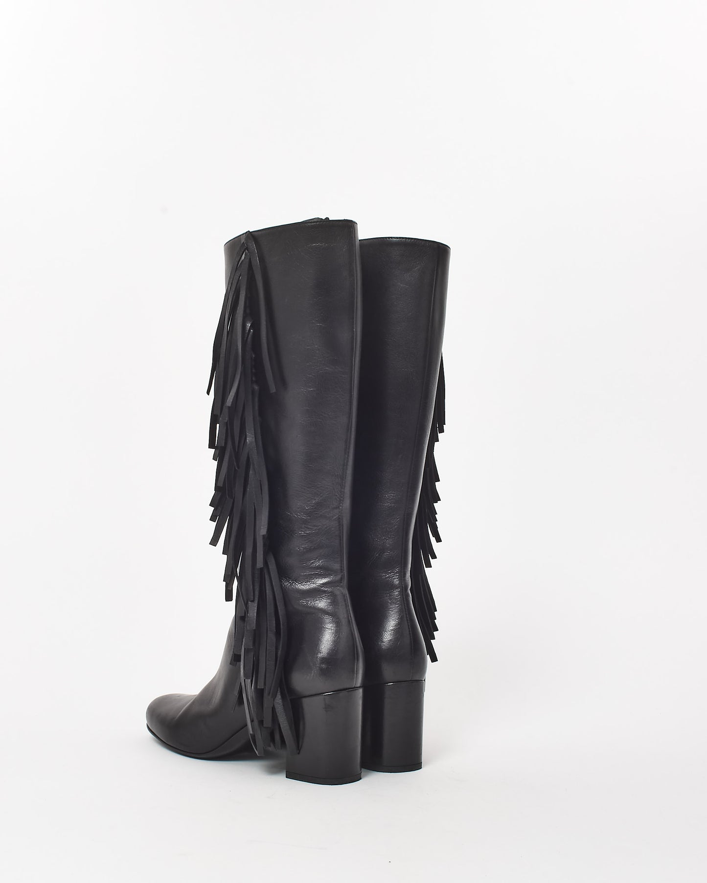 Saint Laurent Black Leather Fringe Knee Boots - 37.5