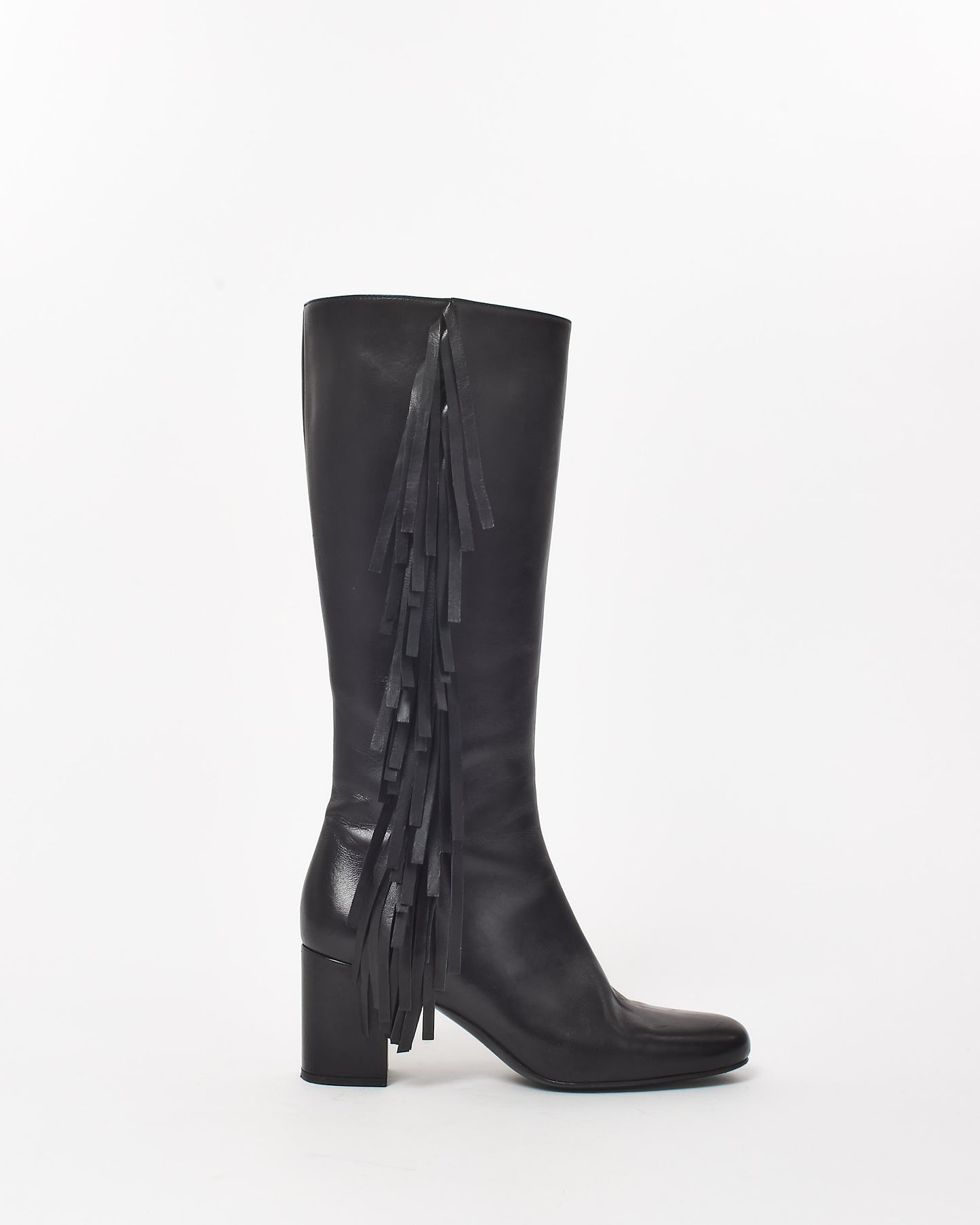 Saint Laurent Black Leather Fringe Knee Boots - 37.5