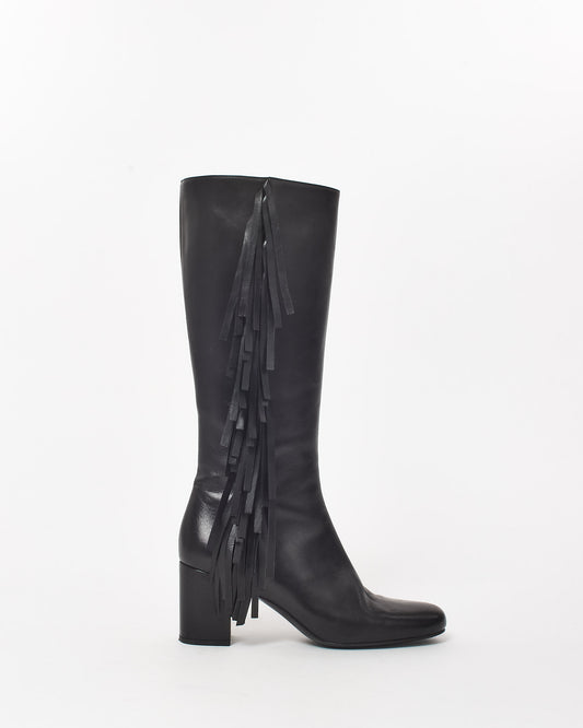 Saint Laurent Black Leather Fringe Knee Boots - 37.5