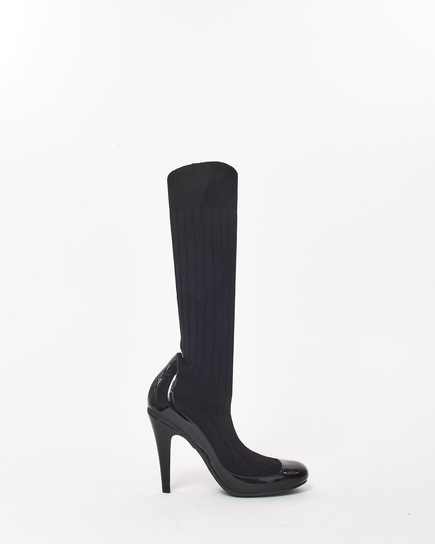 Chanel Black Knit Sock 
Patent Leather Stiletto Boots - 35