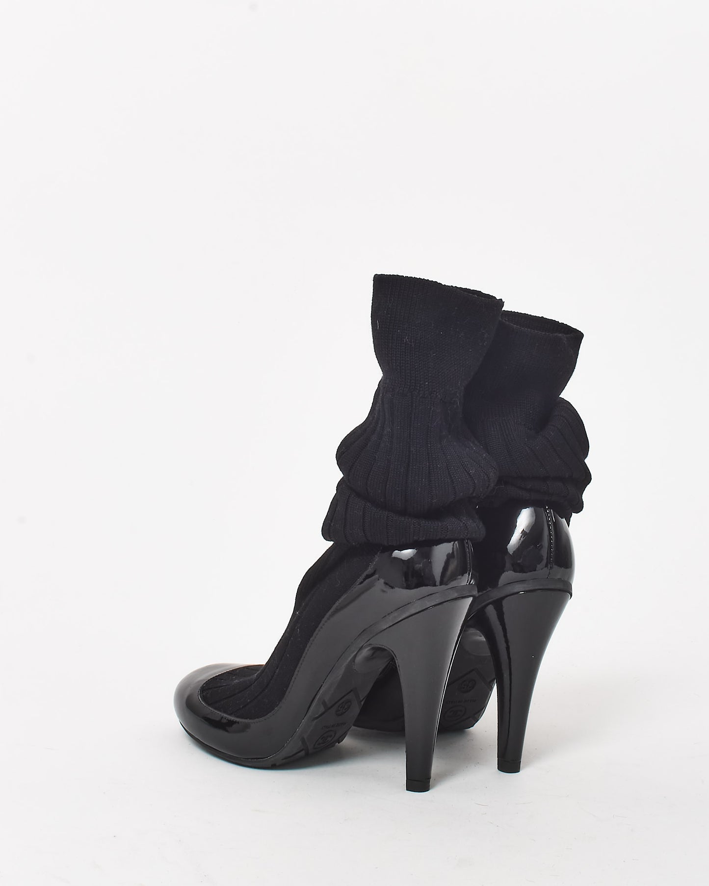 Chanel Black Knit Sock 
Patent Leather Stiletto Boots - 35