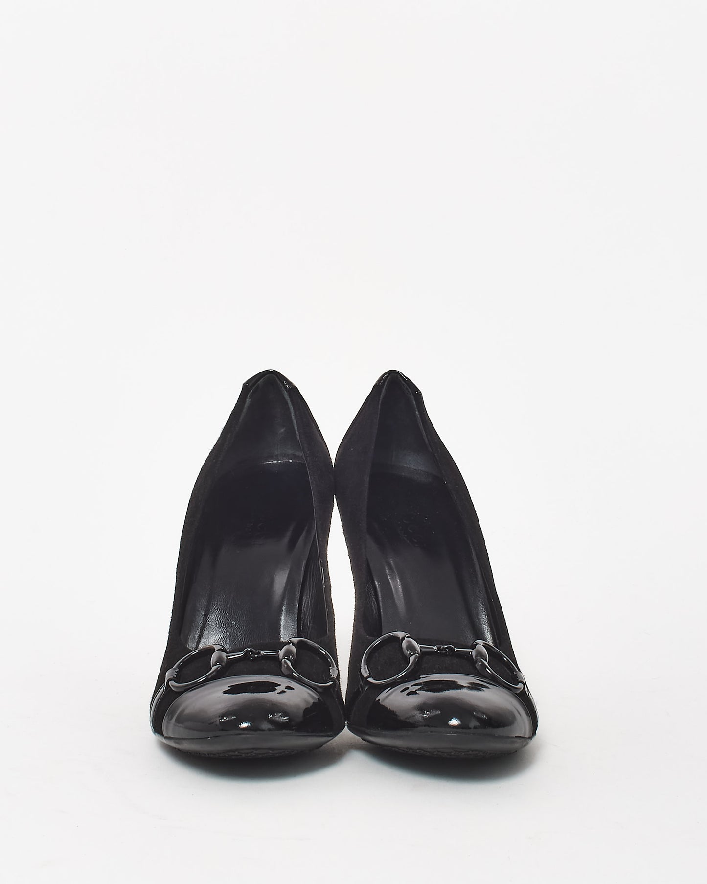 Gucci Black Suede 
Patent Leather Horsebit Pumps - 35