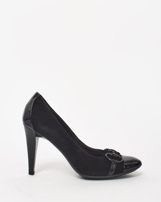 Gucci Black Suede 
Patent Leather Horsebit Pumps - 35