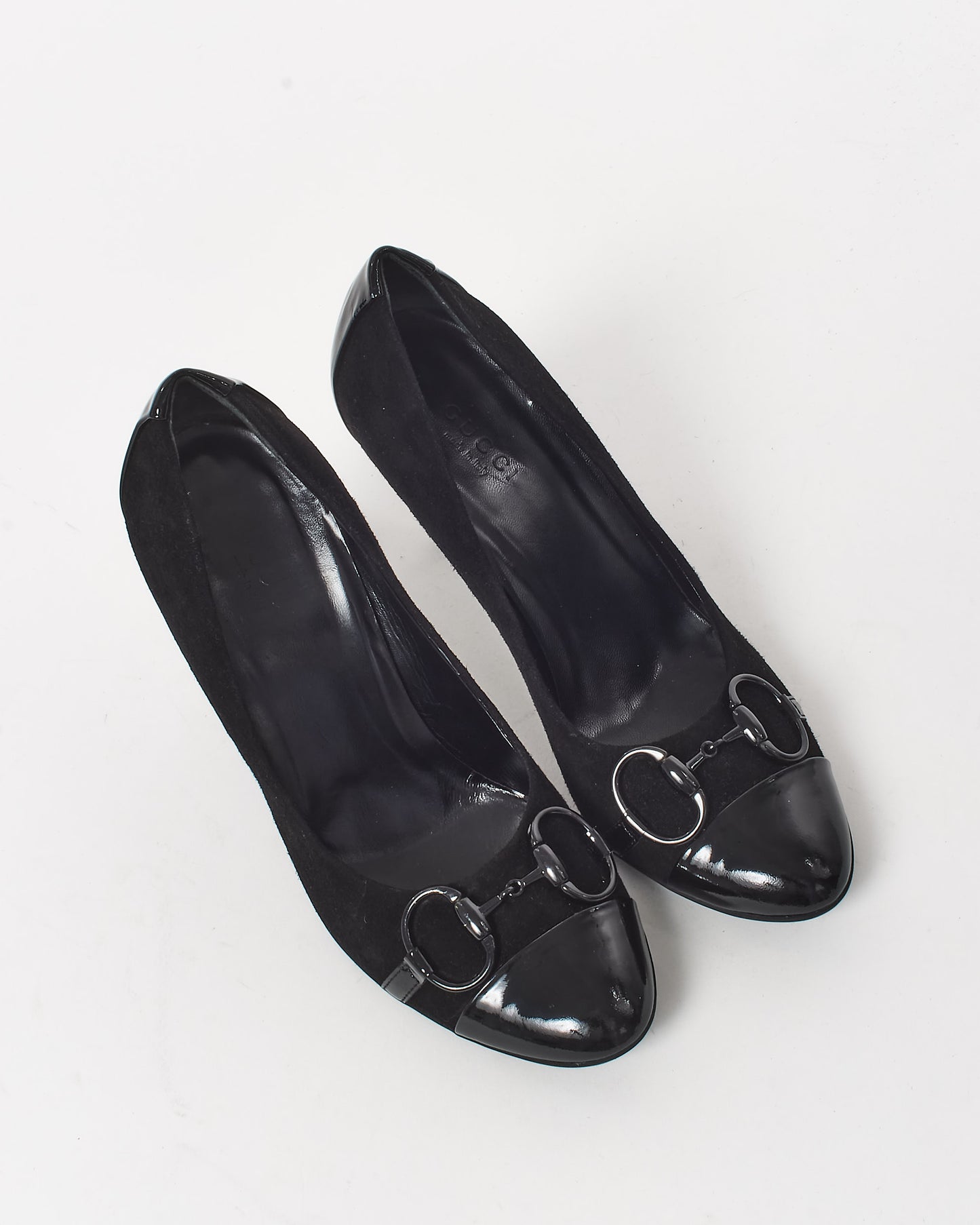 Gucci Black Suede 
Patent Leather Horsebit Pumps - 35