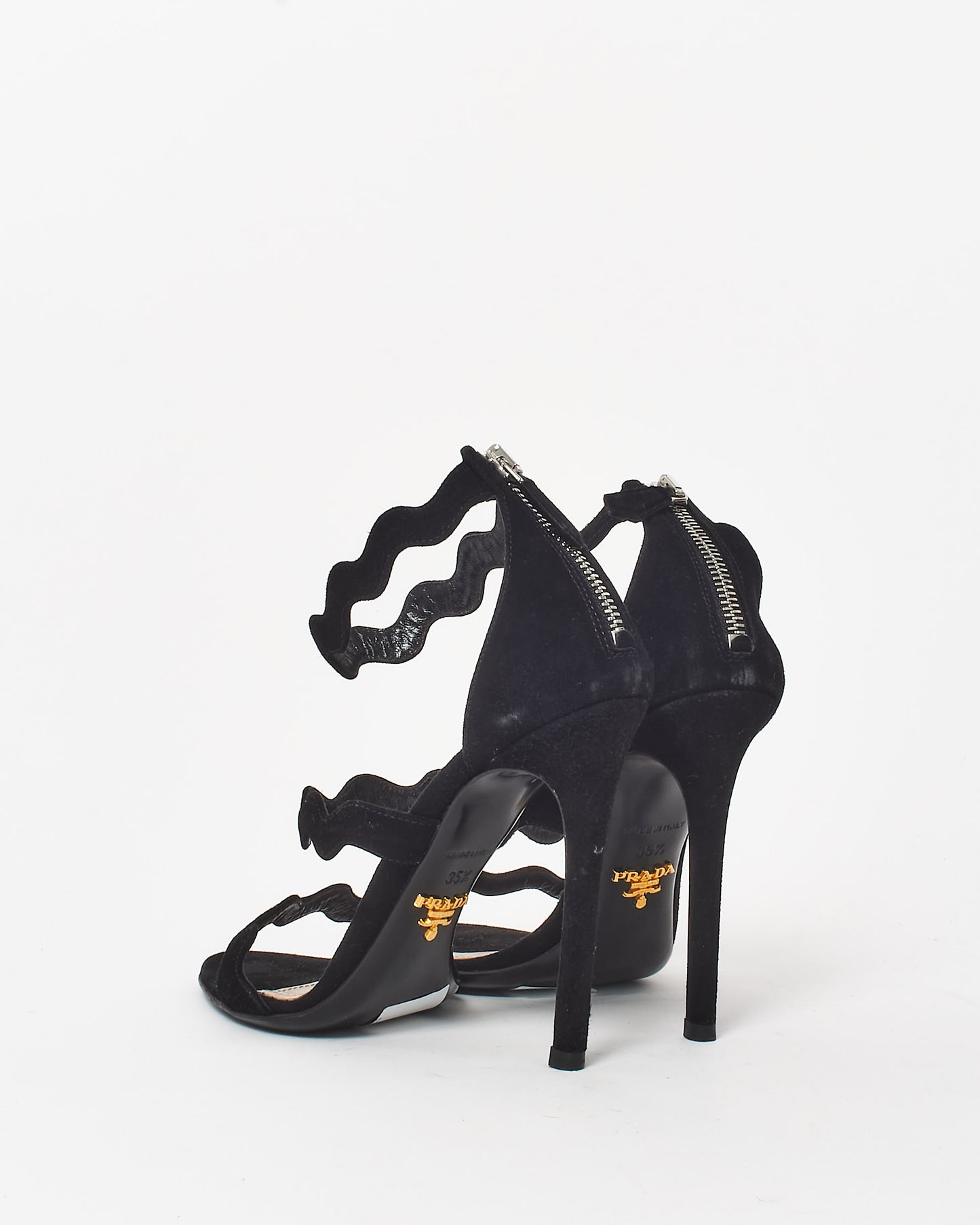 Prada Black Suede Wavy Ankle Strap Stiletto Sandals - 35.5