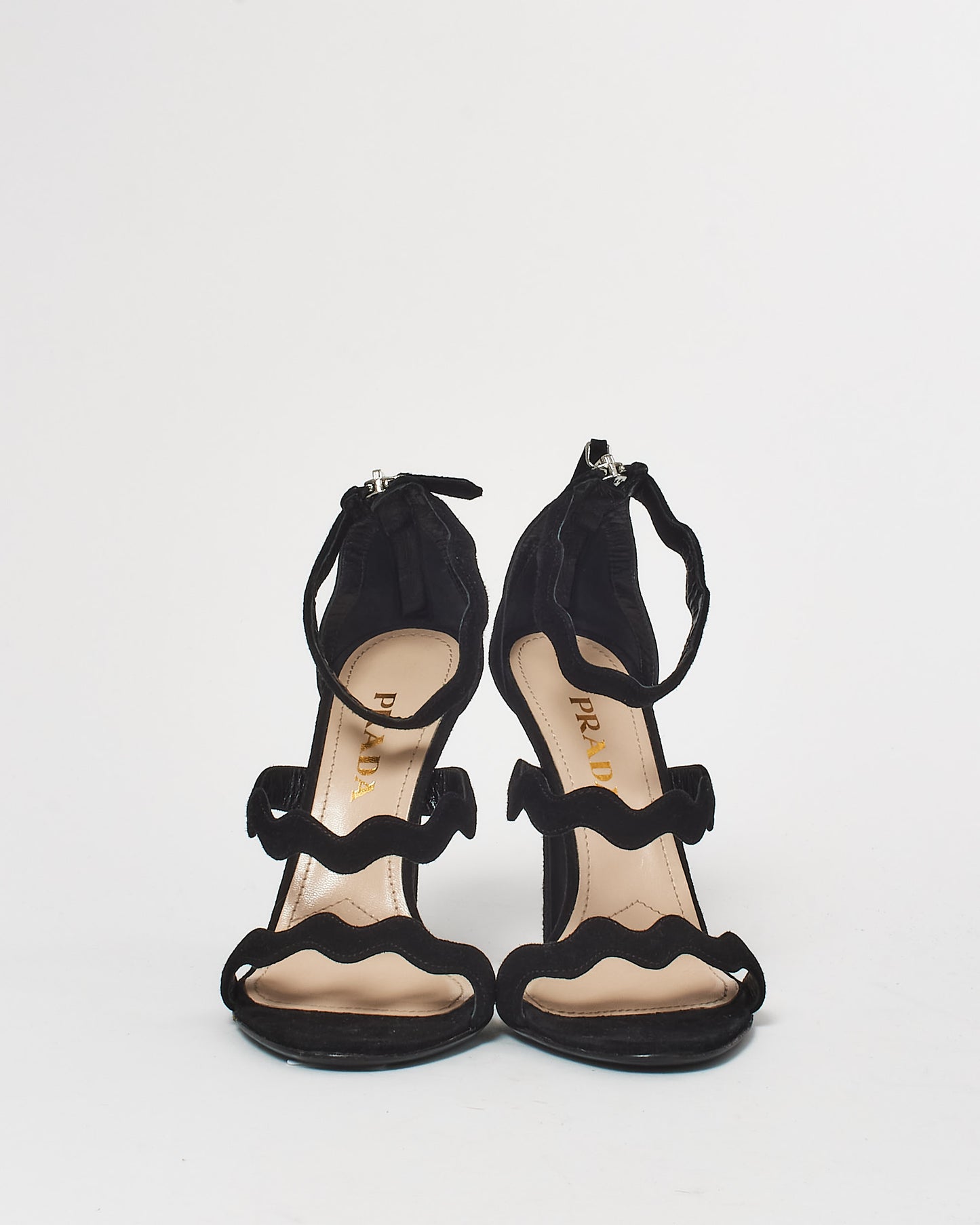 Prada Black Suede Wavy Ankle Strap Stiletto Sandals - 35.5