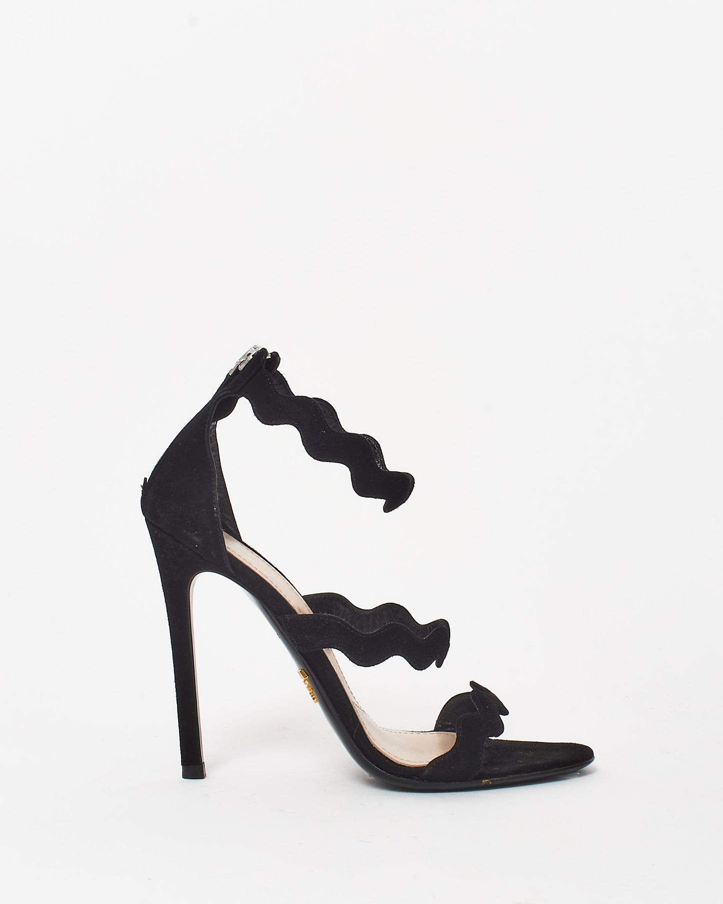 Prada Black Suede Wavy Ankle Strap Stiletto Sandals - 35.5