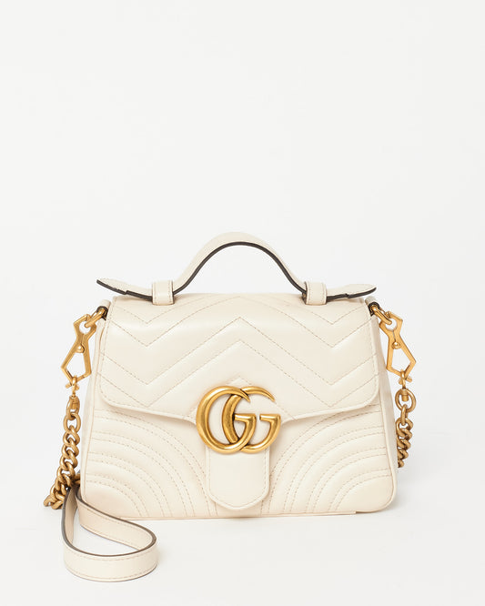 Gucci White Chevron Leather GG Marmont Top Handle Bag