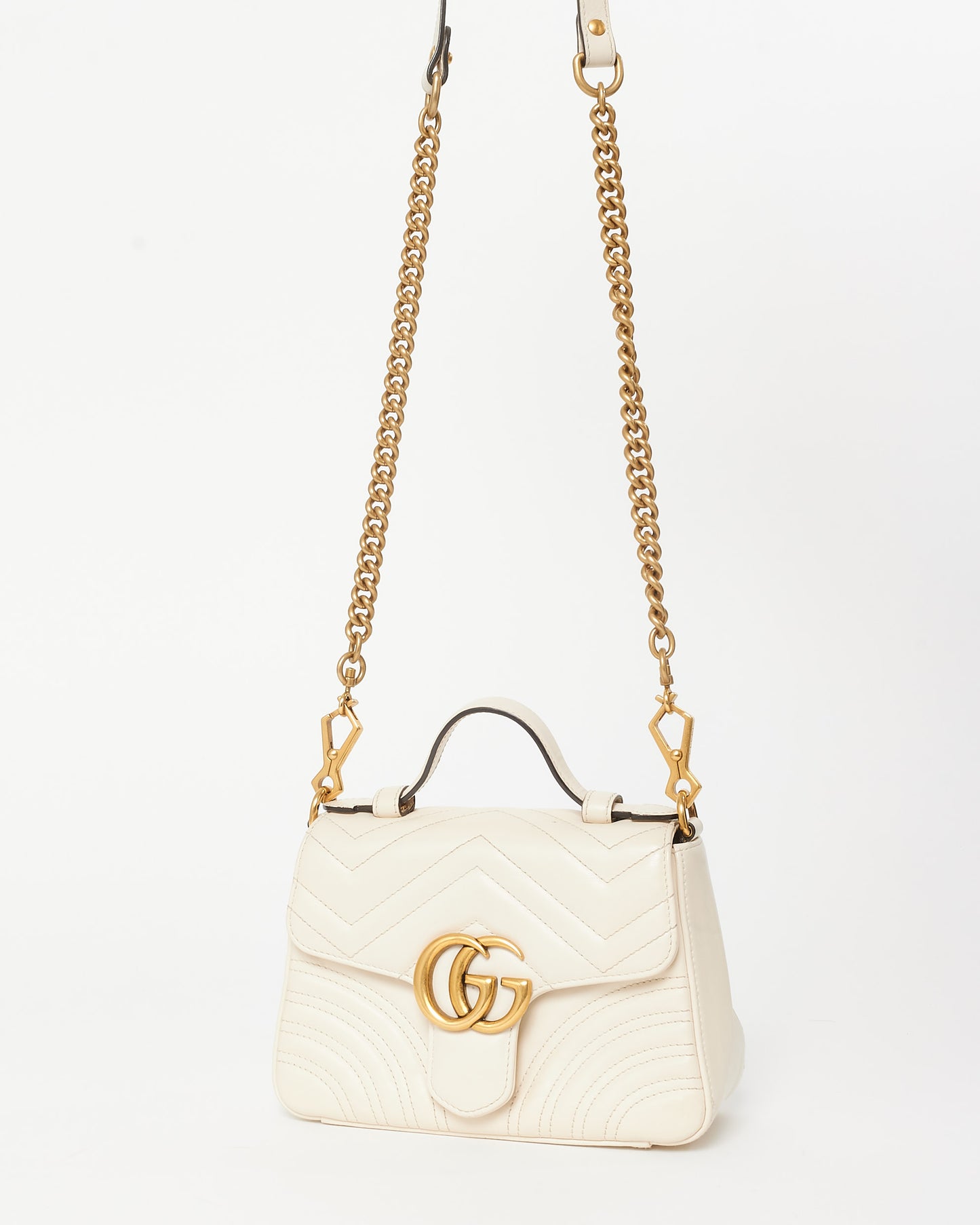 Gucci White Chevron Leather GG Marmont Top Handle Bag