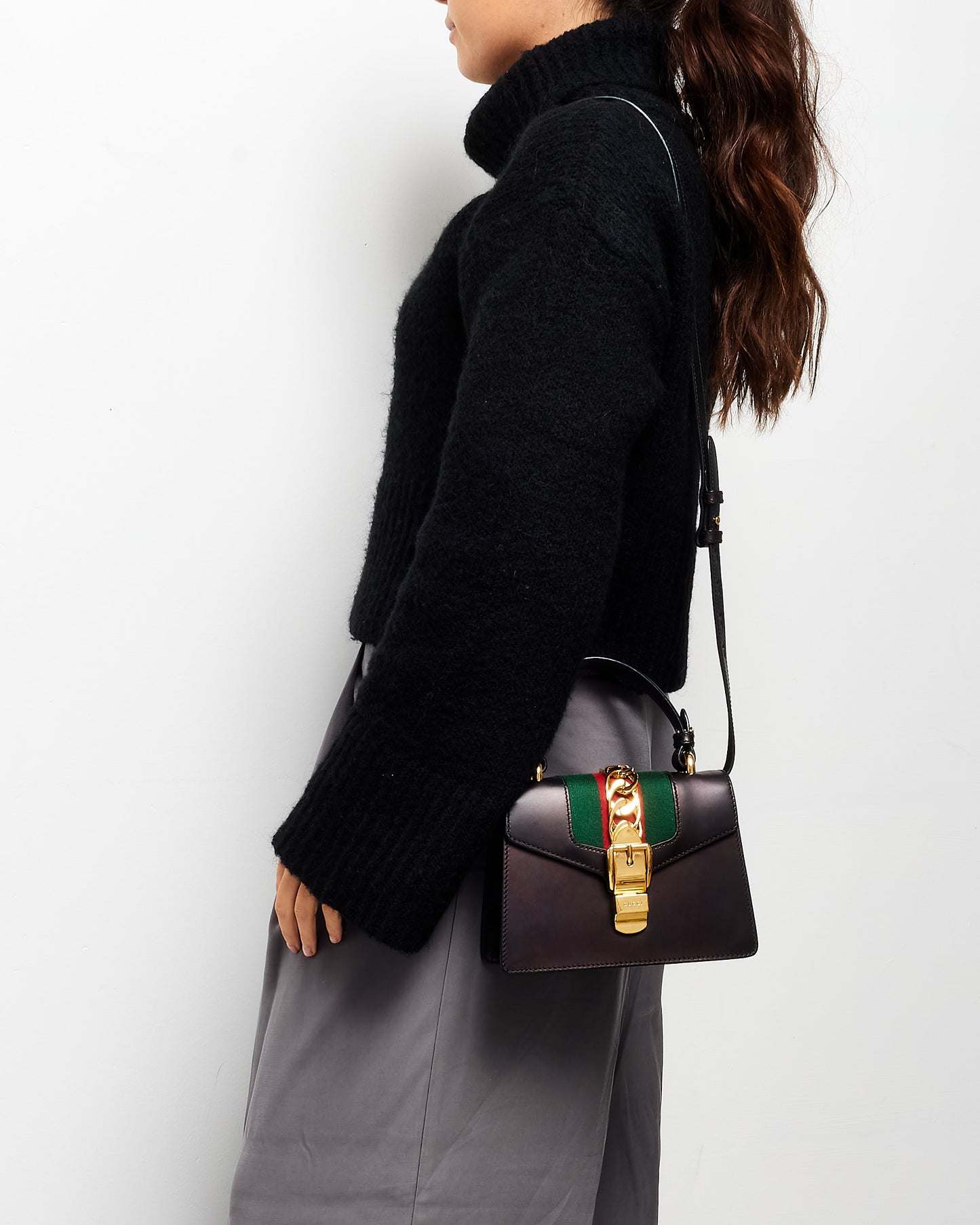 Gucci Dark Brown Leather Mini Sylvie Crossbody Bag