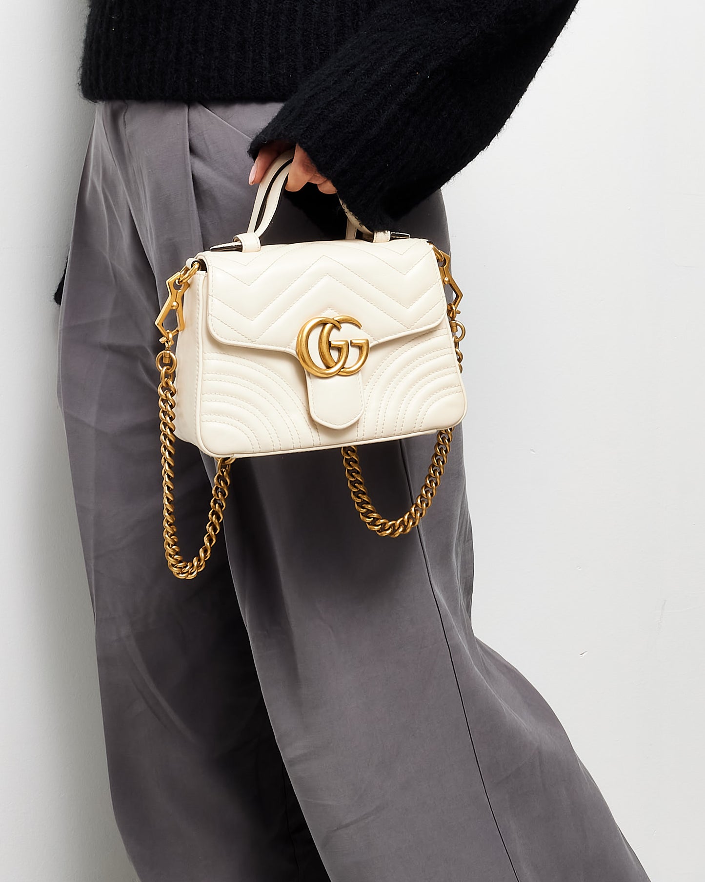 Gucci White Chevron Leather GG Marmont Top Handle Bag