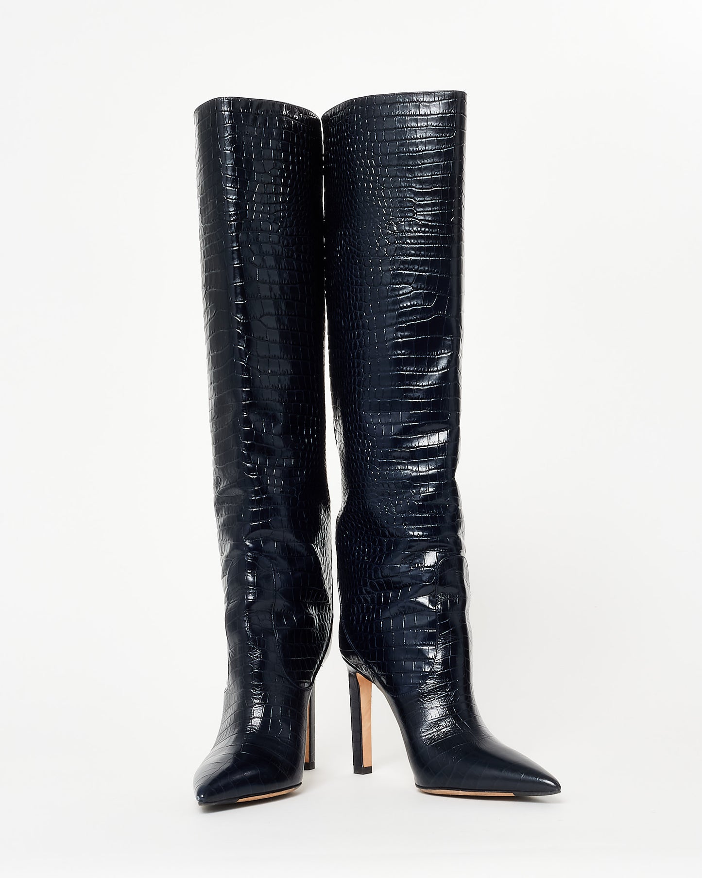 Jimmy Choo Navy Croc Embossed Knee Stiletto Boots - 37