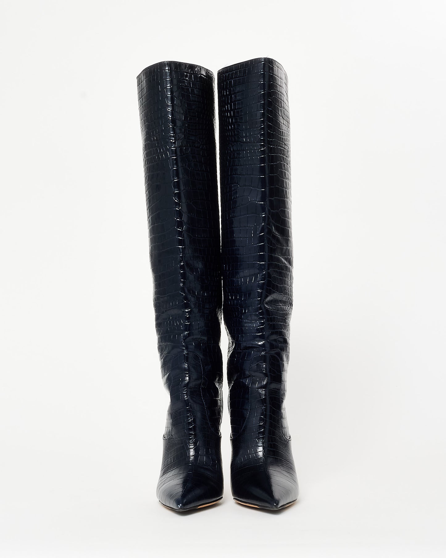 Jimmy Choo Navy Croc Embossed Knee Stiletto Boots - 37