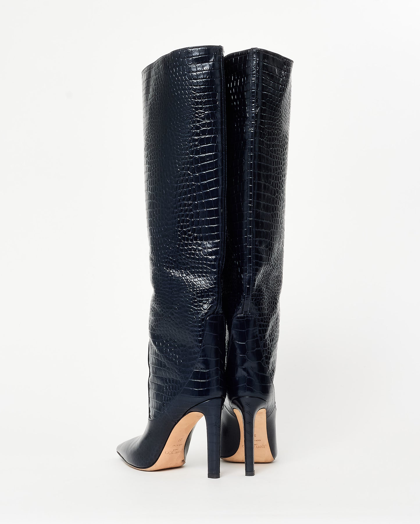 Jimmy Choo Navy Croc Embossed Knee Stiletto Boots - 37