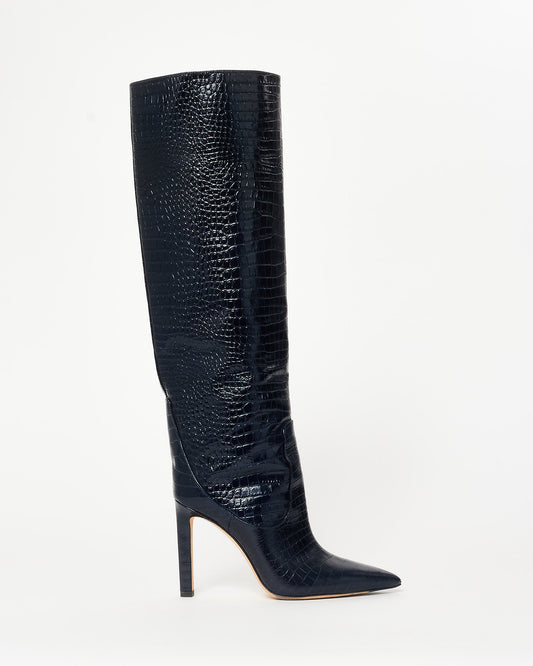 Jimmy Choo Navy Croc Embossed Knee Stiletto Boots - 37