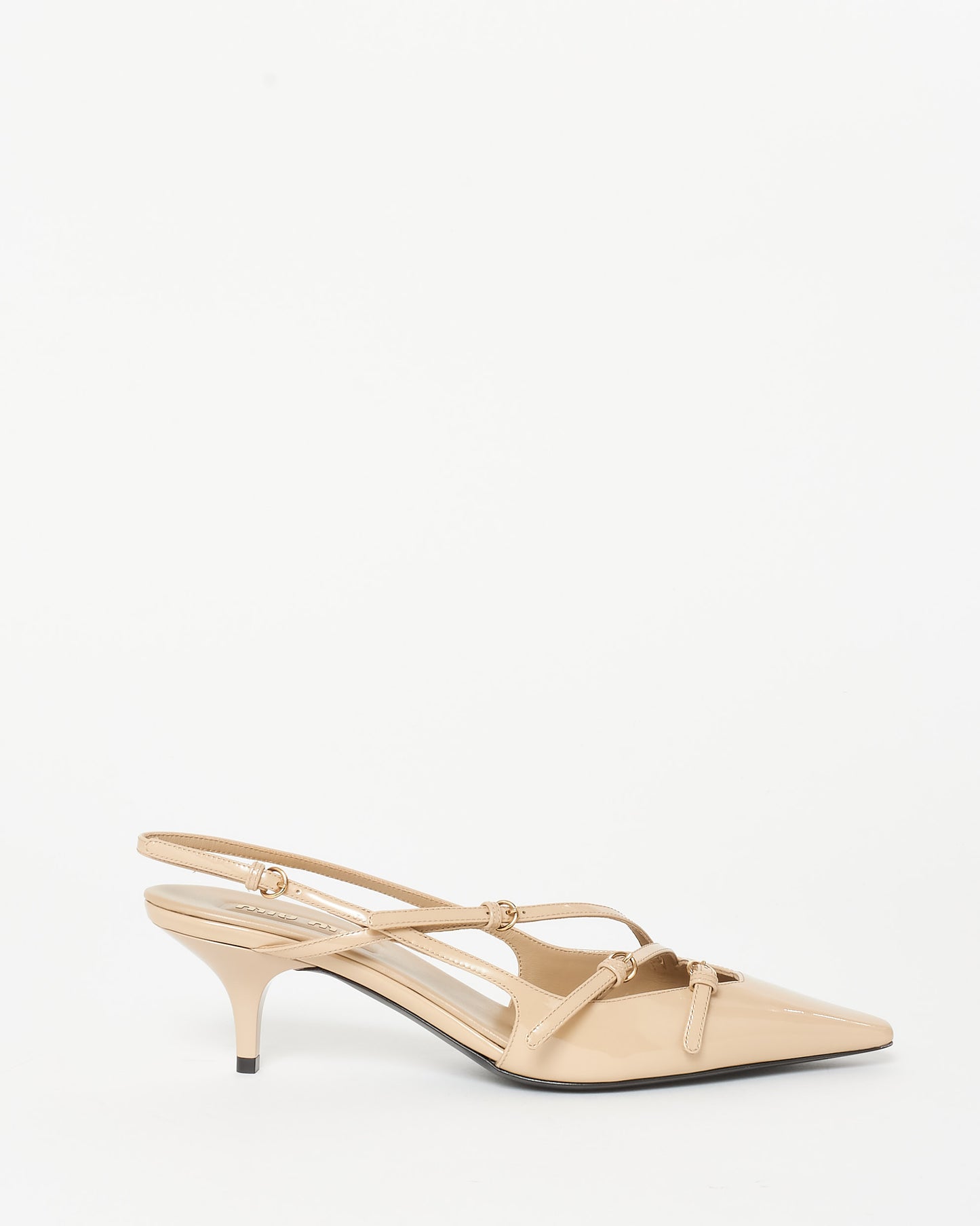 Miu Miu Beige Patent Leather Buckle Kitten Heel Slingback Pumps - 41