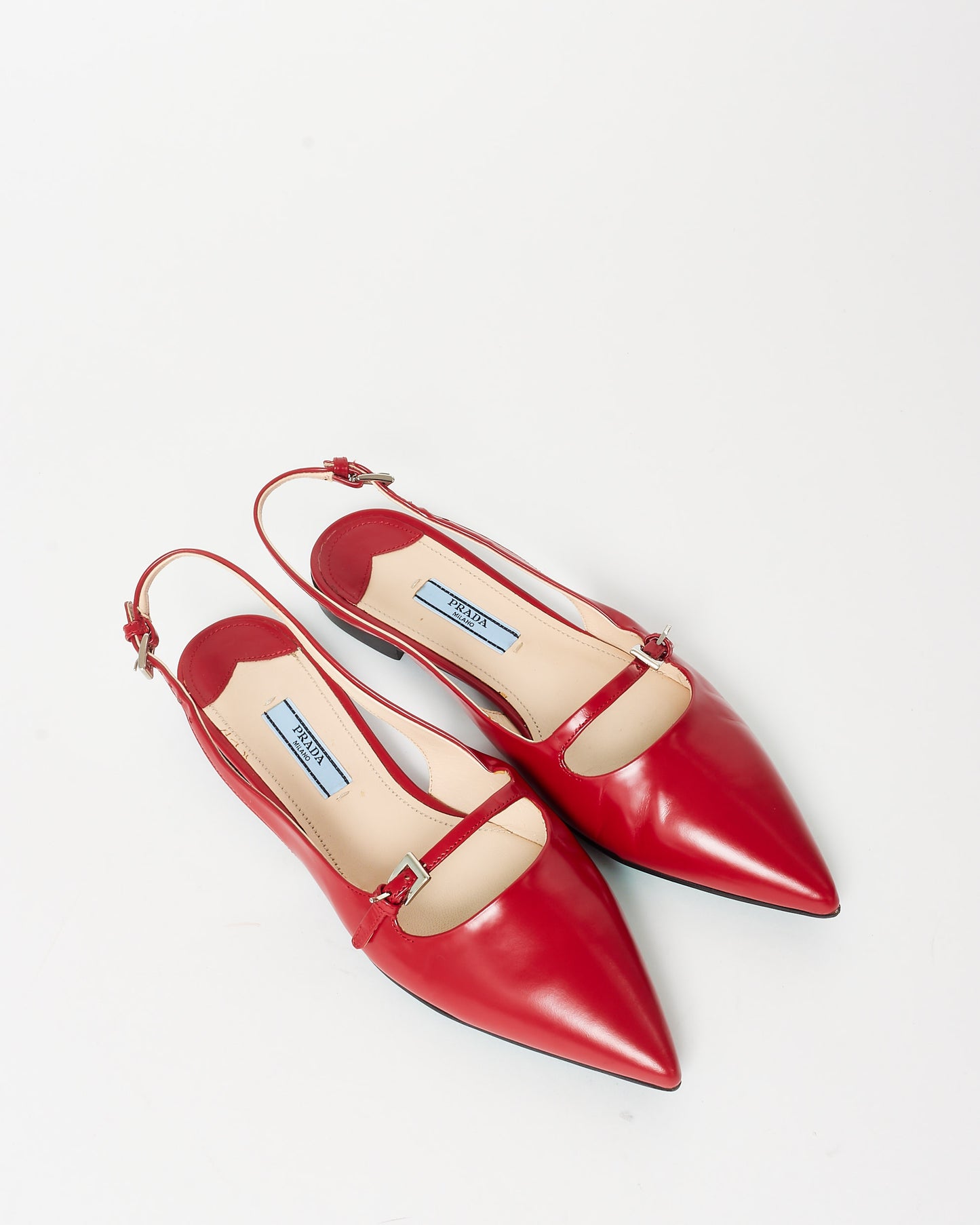 Prada Red Leather Slingback Buckle Flats - 36