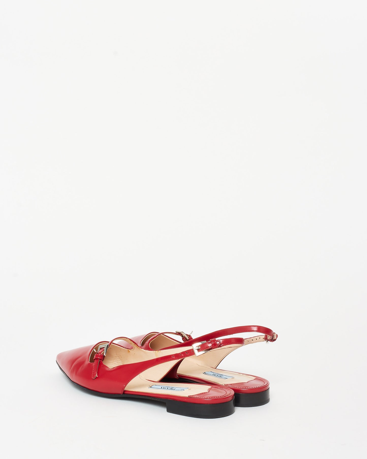 Prada Red Leather Slingback Buckle Flats - 36