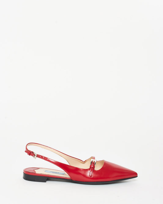 Prada Red Leather Slingback Buckle Flats - 36