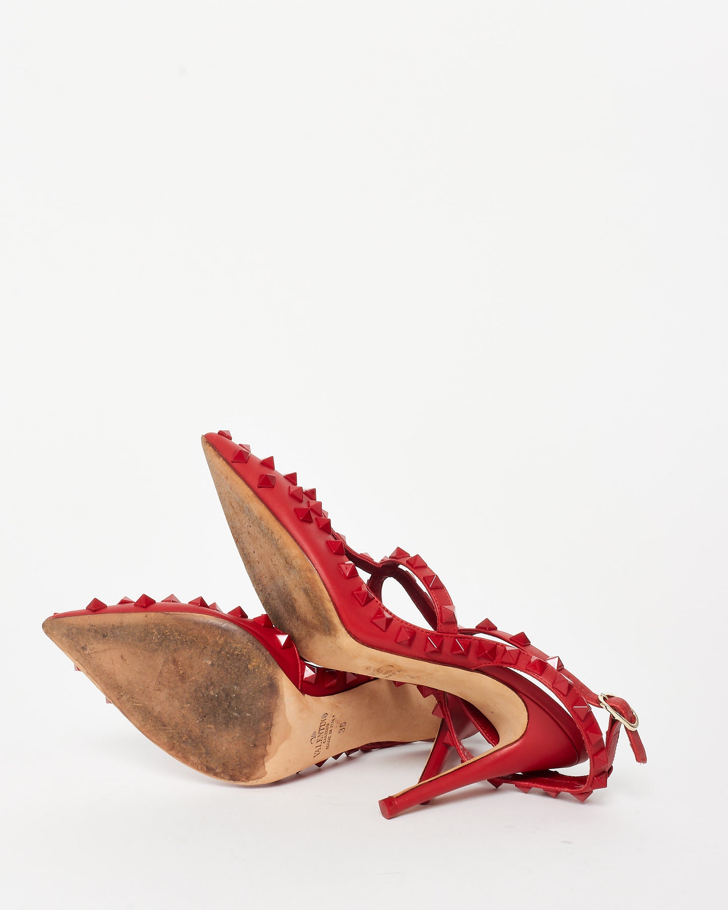 Valentino Red Leather 
Tonal Rockstud Gladiator Pumps - 36