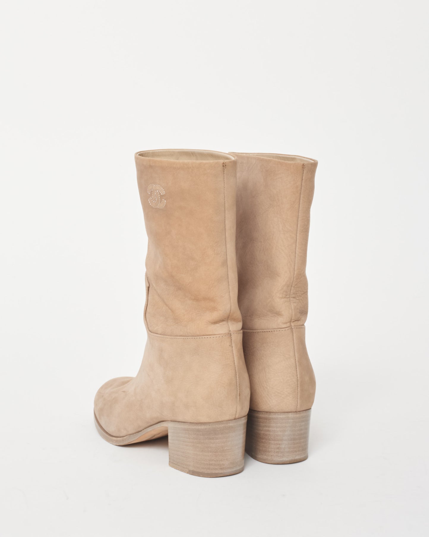 Chanel Beige Nubuck Leather Block Heel Boots - 36.5