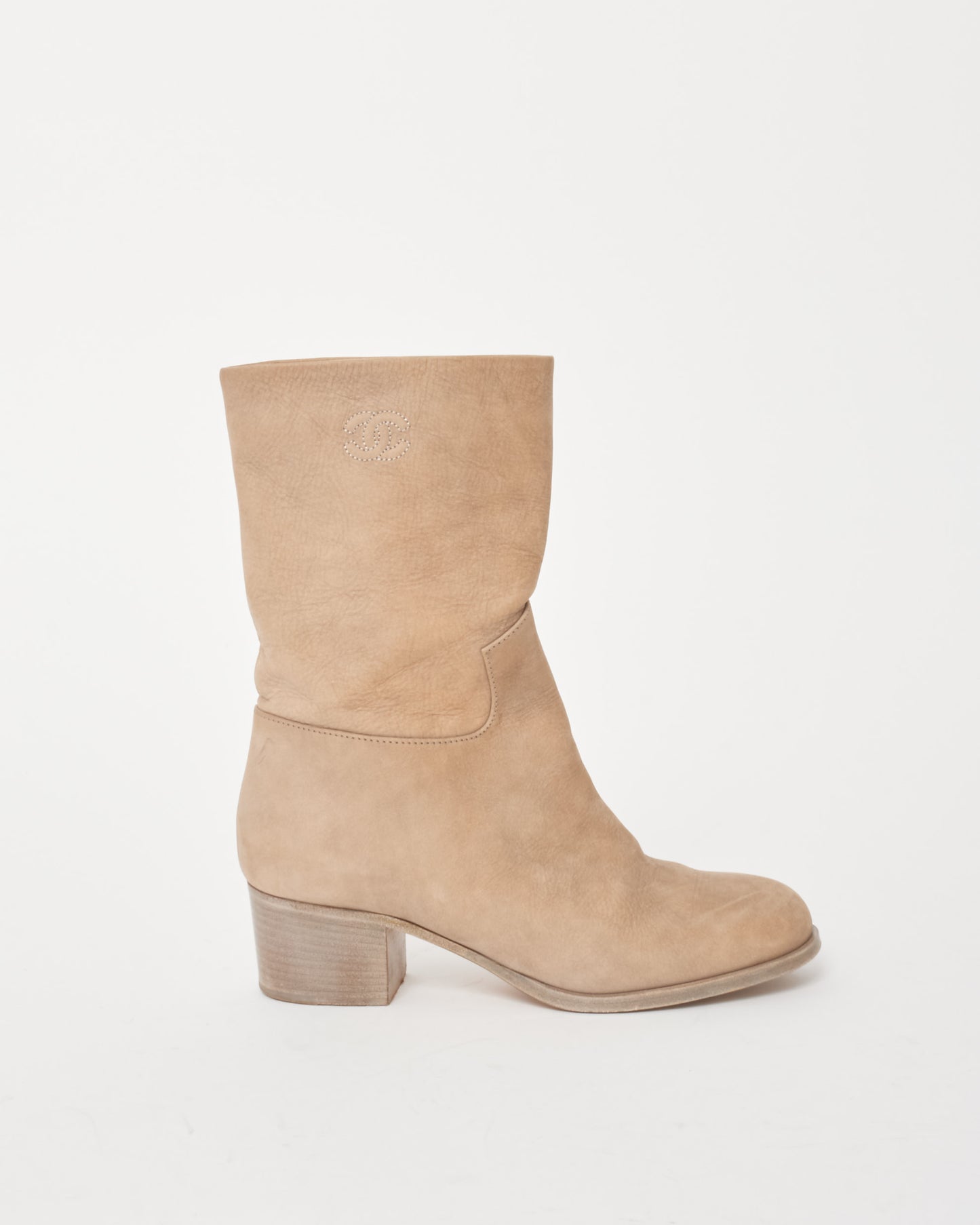 Chanel Beige Nubuck Leather Block Heel Boots - 36.5