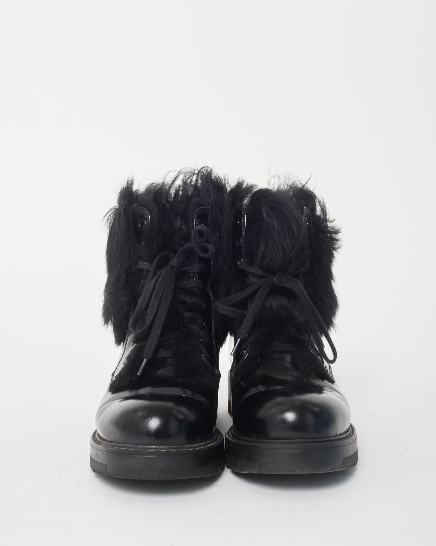 Prada Black Leather 
Fur Combat Boots - 38