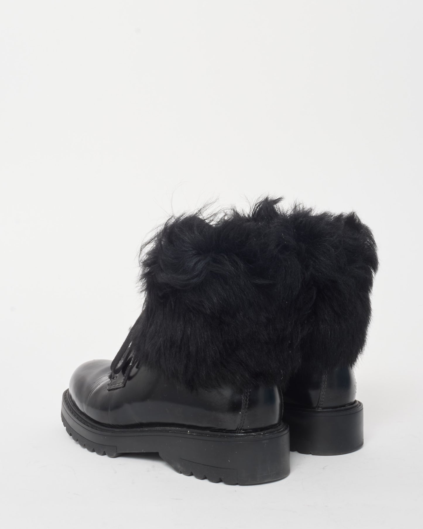 Prada Black Leather 
Fur Combat Boots - 38