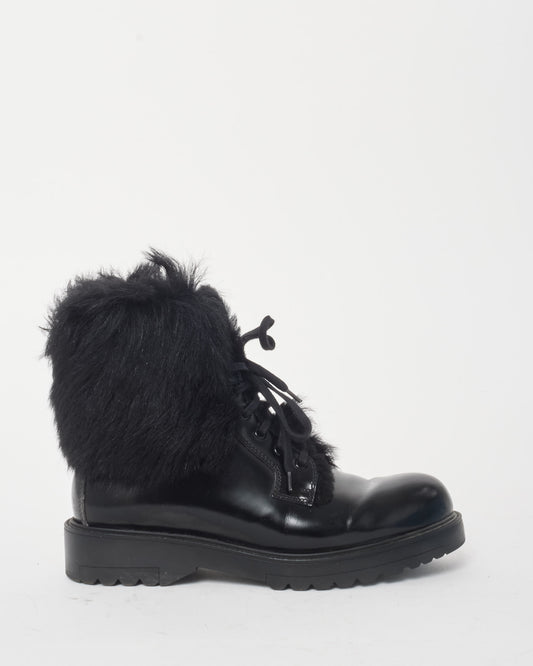 Prada Black Leather 
Fur Combat Boots - 38