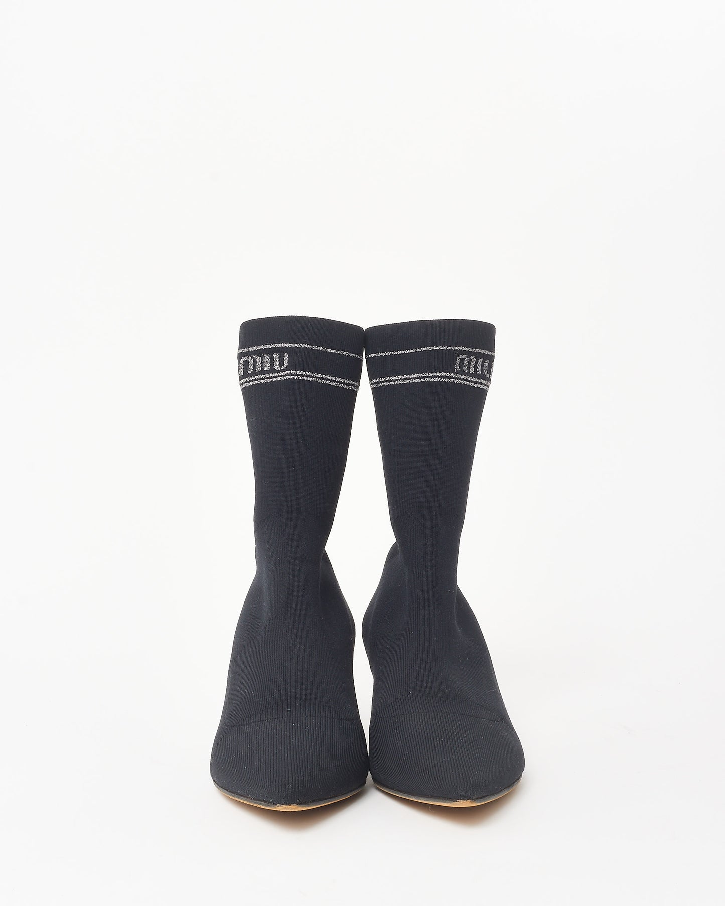 Miu Miu Black Knit 
Silver Sparkle Sock Boots - 39