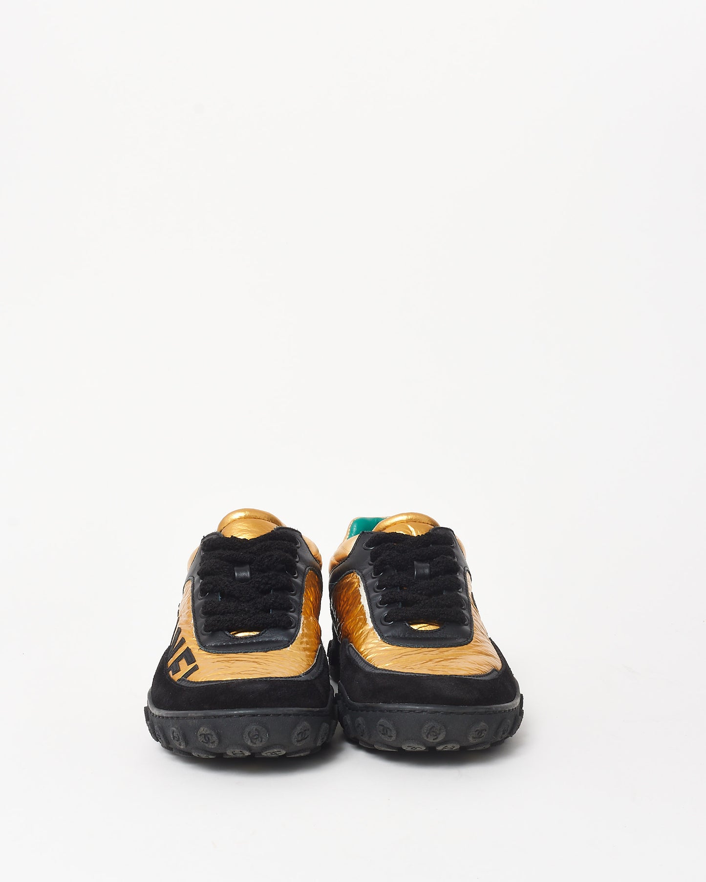 Chanel Black Gold 
Teal Logo Sneakers - 35.5