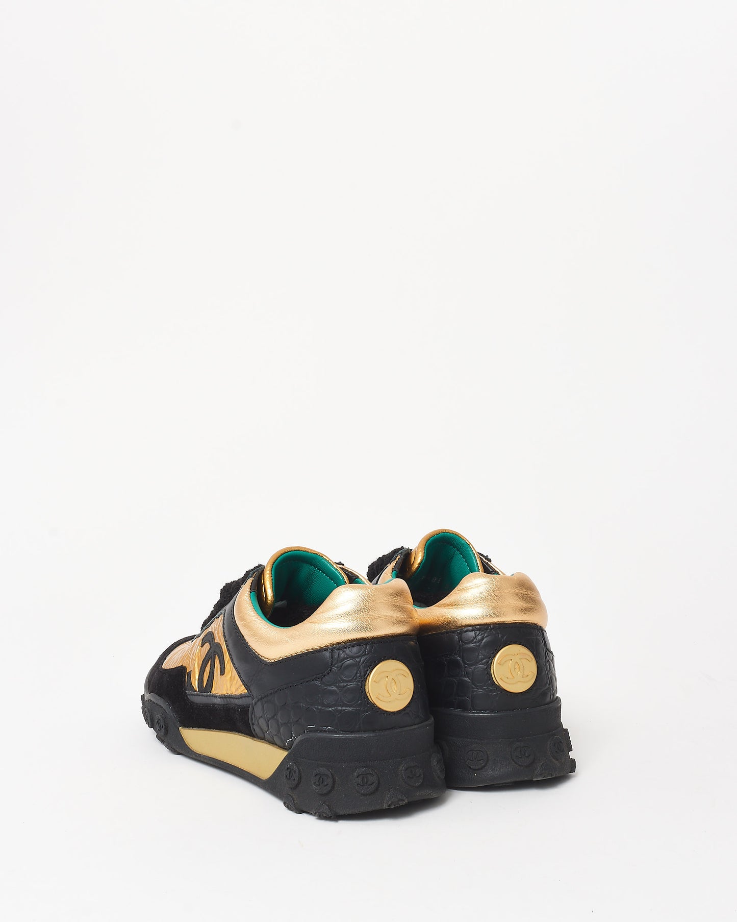 Chanel Black Gold 
Teal Logo Sneakers - 35.5