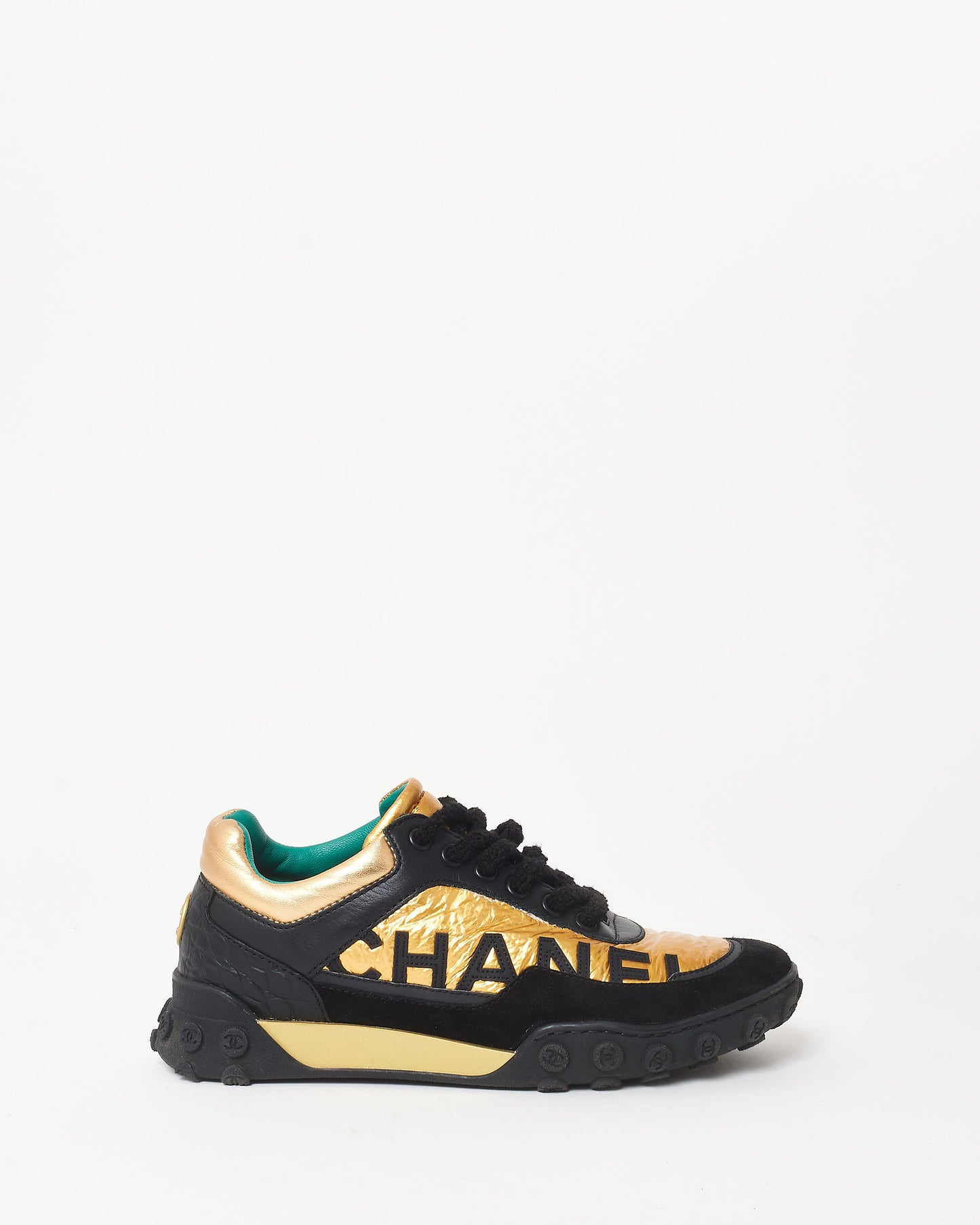 Chanel Black Gold 
Teal Logo Sneakers - 35.5