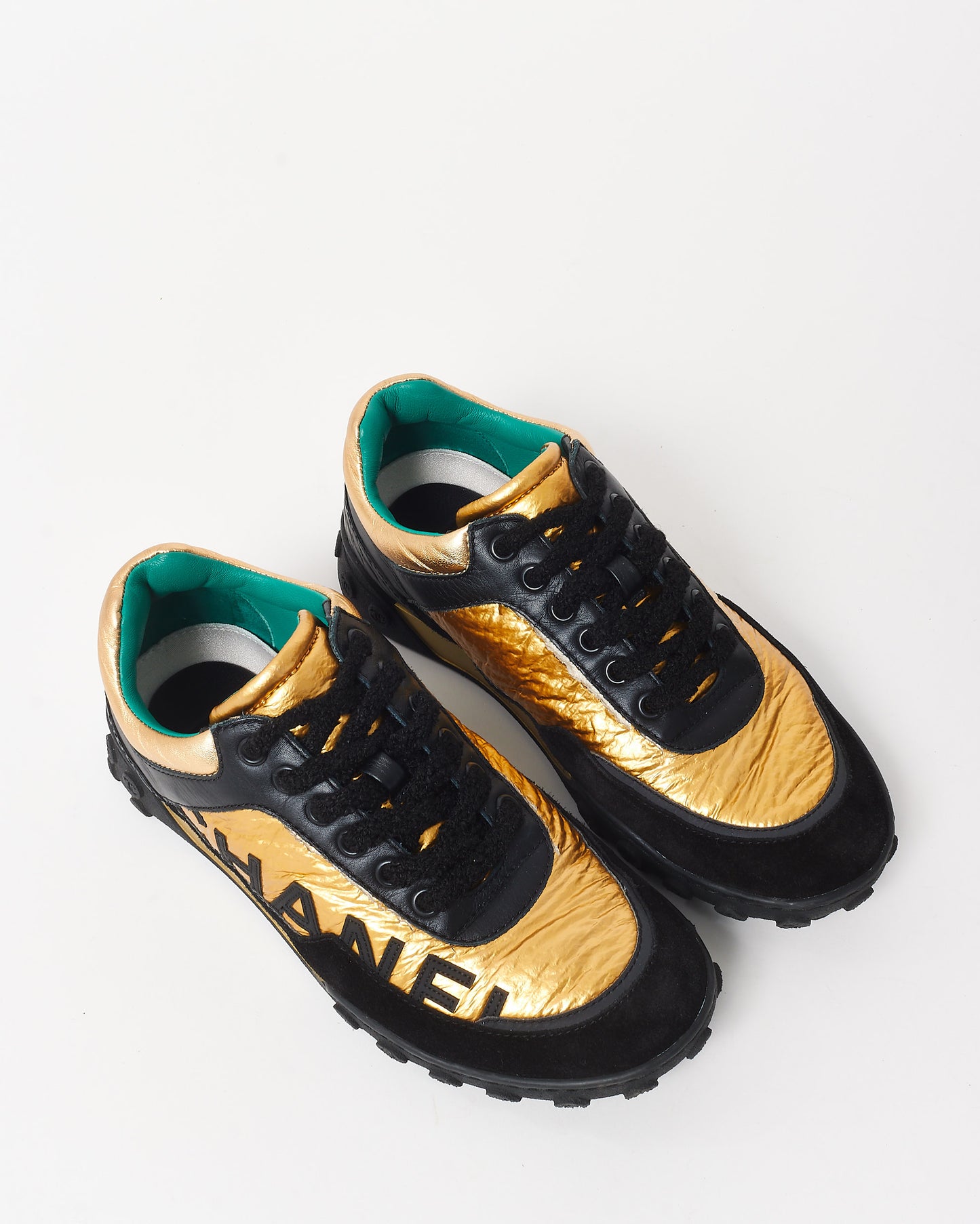 Chanel Black Gold 
Teal Logo Sneakers - 35.5