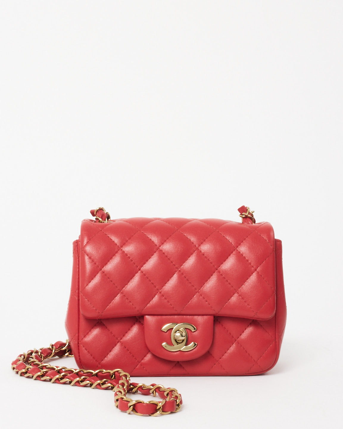 Chanel Red/Coral Lambskin CPHW Square Mini Single Flap Bag