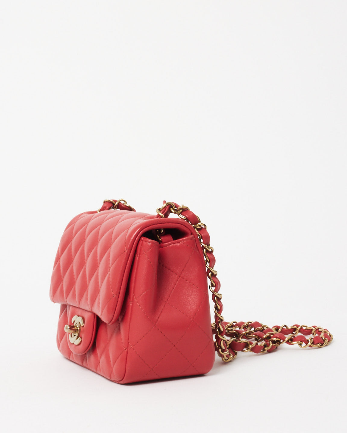 Chanel Red/Coral Lambskin CPHW Square Mini Single Flap Bag