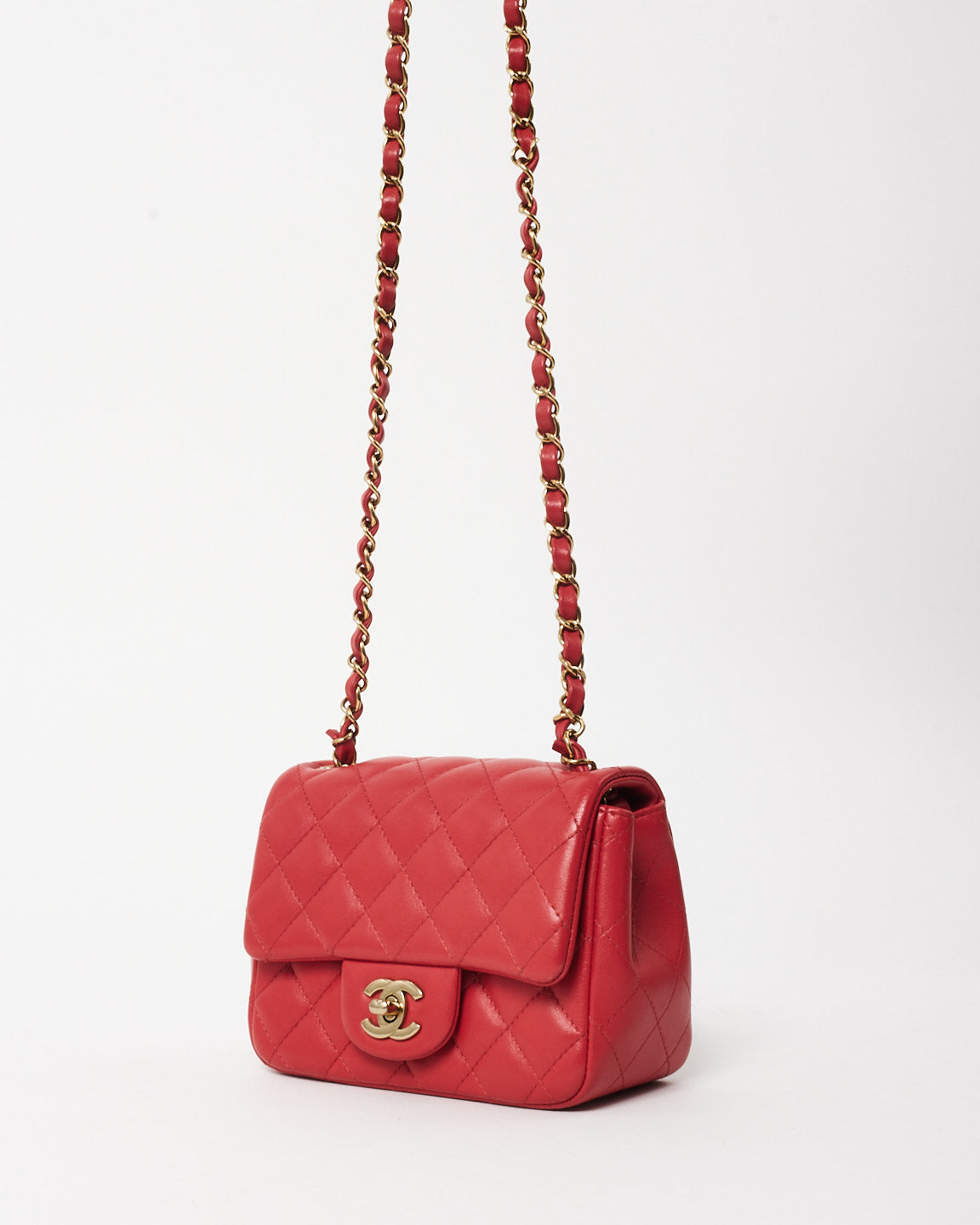 Chanel Red/Coral Lambskin CPHW Square Mini Single Flap Bag